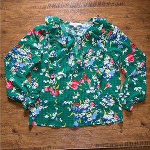 LOFT Bouquet Ruffle Tie Neck Vibrant Green Floral Blouse with Ruffle SP